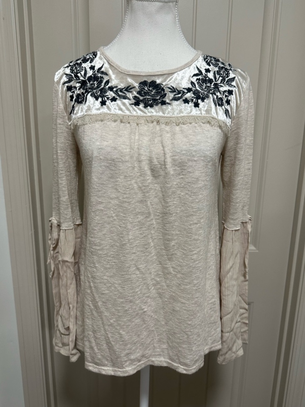 Altar'd State Ivory Long-Sleeve Top with Black Floral Embroidery